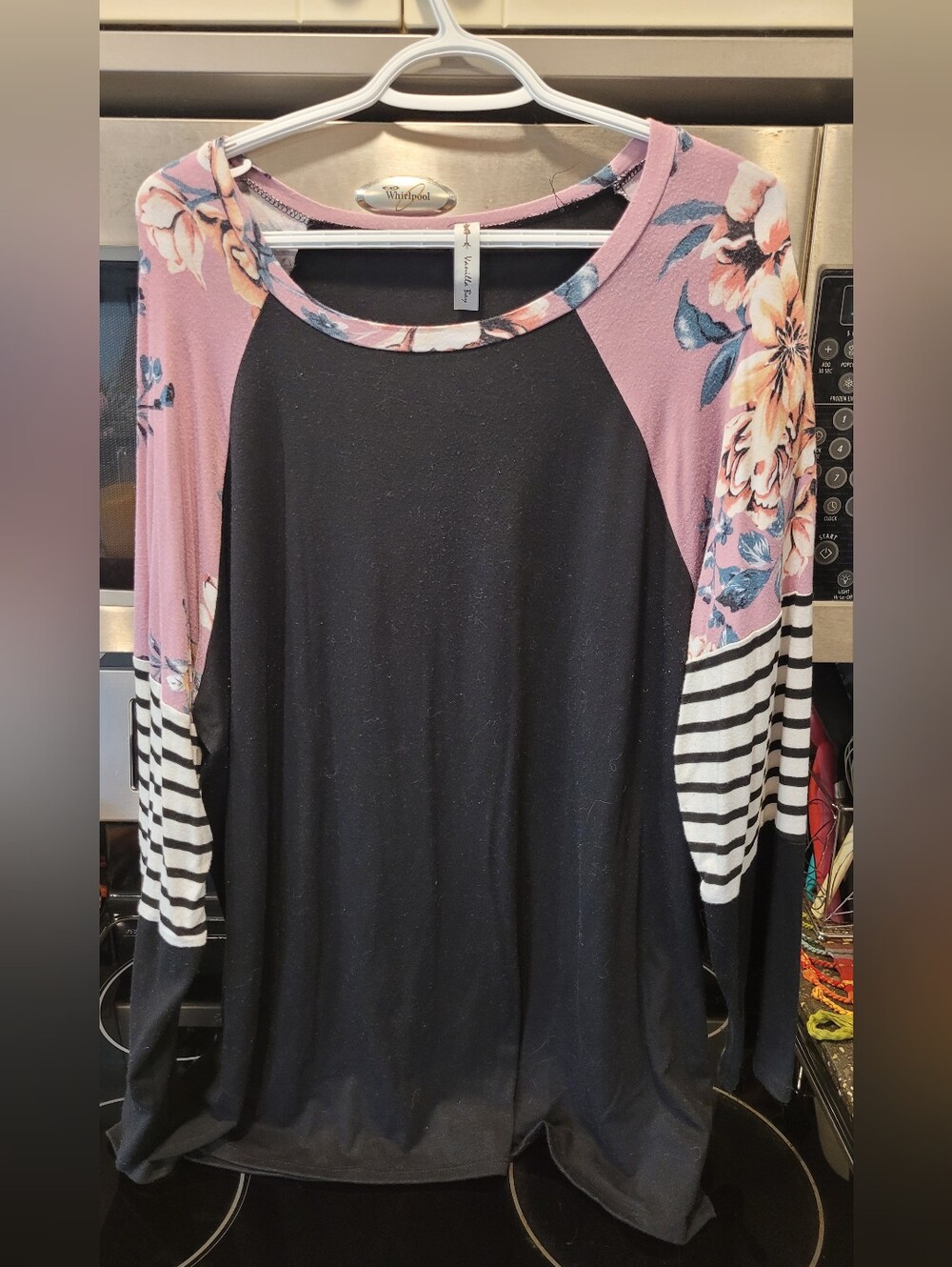 Vanilla Bay Black Top with Dusty Pink Floral Raglan Sleeves